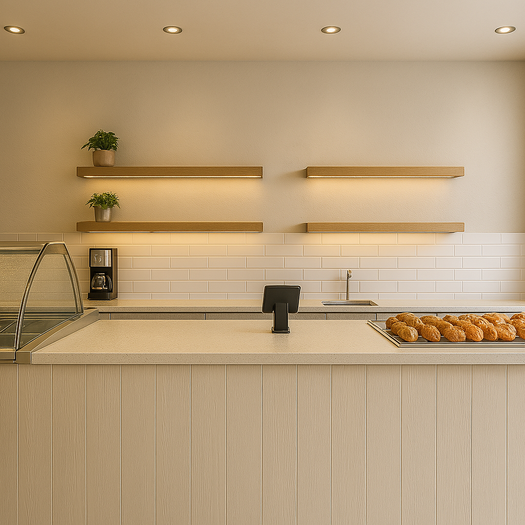 A modern, minimalistic cafe or bakery counter with a beige color scheme, floating wooden shelves with small potted plants, a coffee machine, and tray of baked goods.