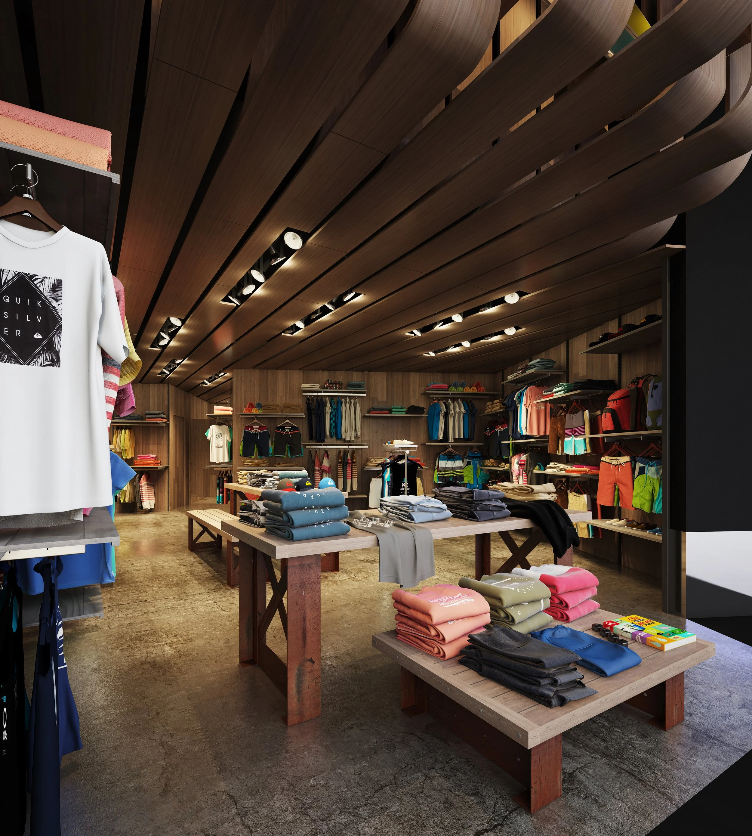 Apparel store interior featuring warm wood slat ceiling treatments and flexible display systems to align with global brand identity.