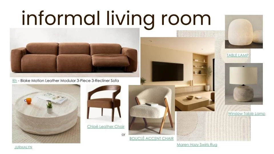 Informal living room concept focusing on soft, rounded forms. The modular sectional sofa allows for flexible reconfiguration, while the boucle accent chairs add necessary textural contrast.