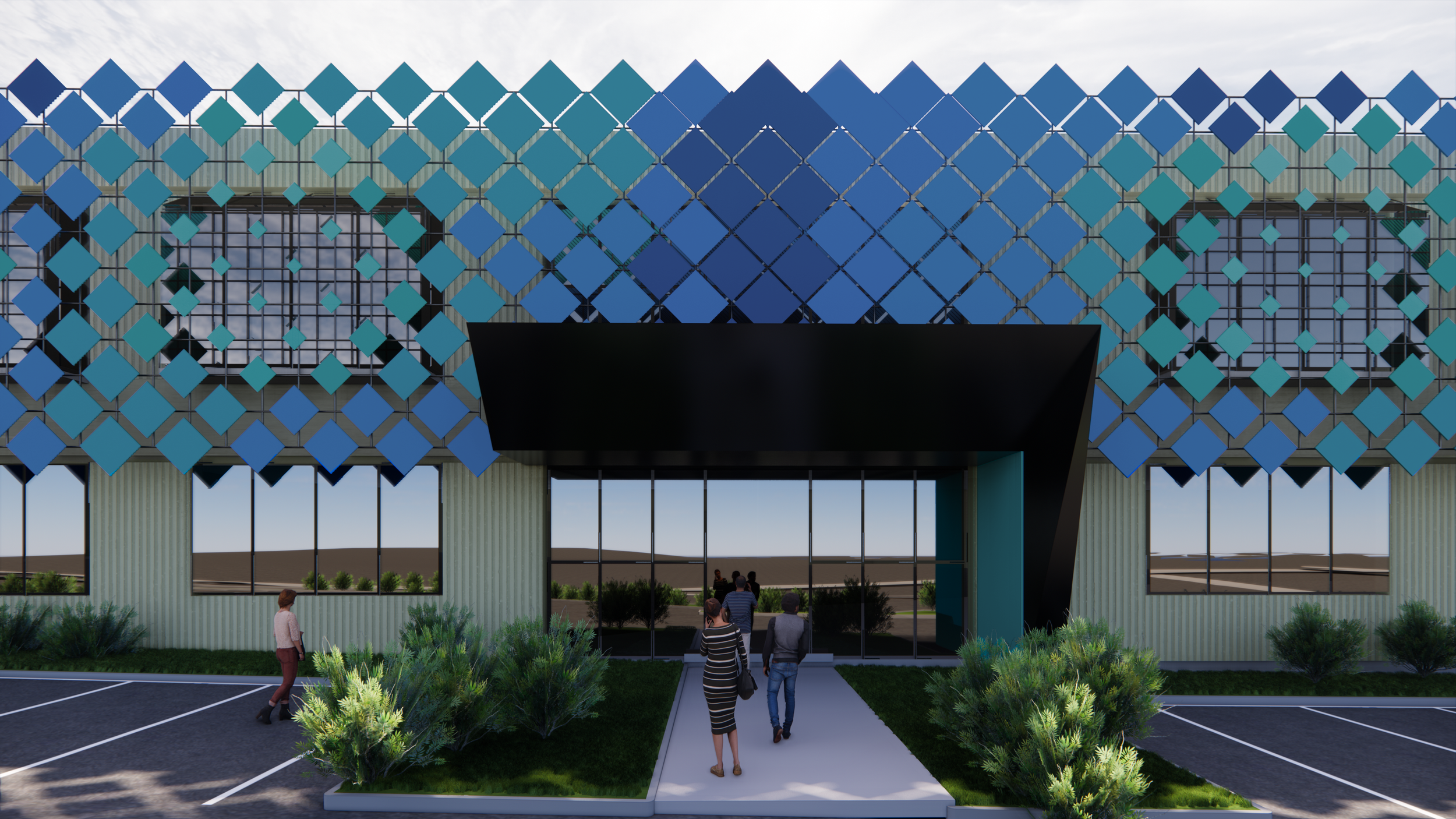 Modern commercial building with blue geometric facade, black entrance canopy, and large tinted windows. People walking towards the entrance in a parking lot with landscaped bushes and clear skies.