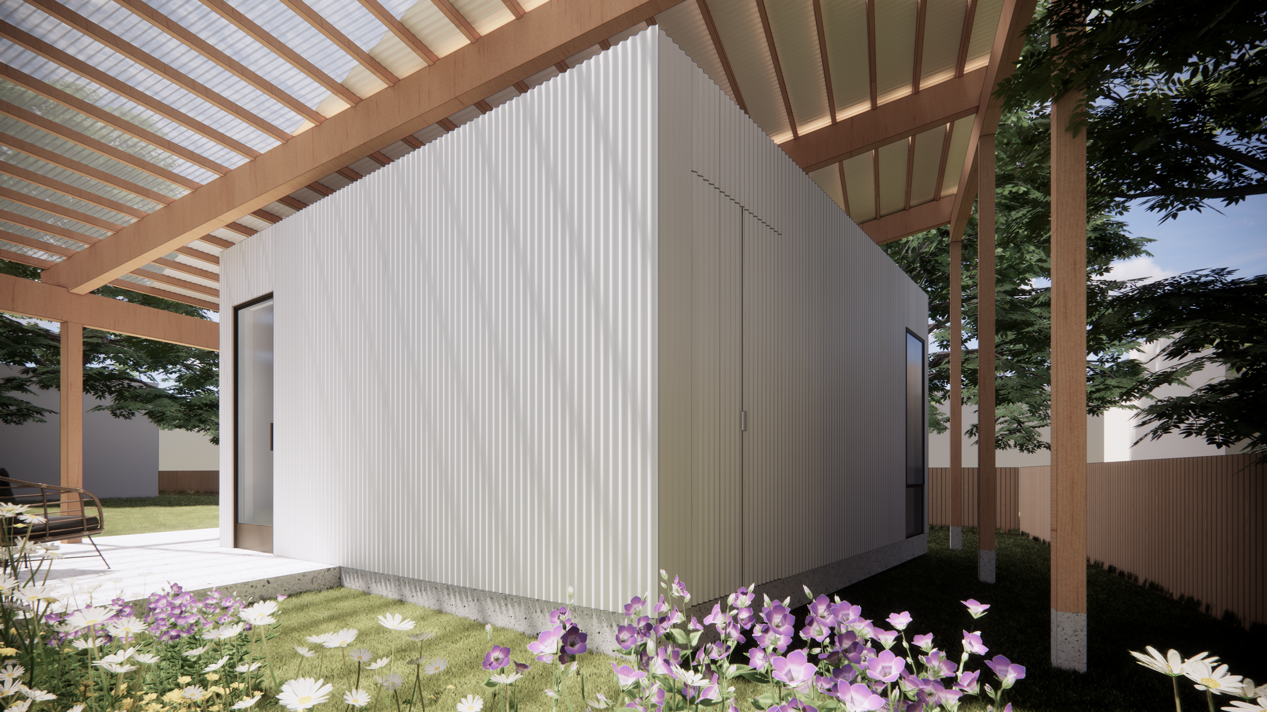 Privacy by Design. One of the biggest concerns with ADUs is privacy for the main house. We oriented this unit to face away from the primary residence, utilizing high clerestory windows on the rear facade to bring in light without creating sightlines 