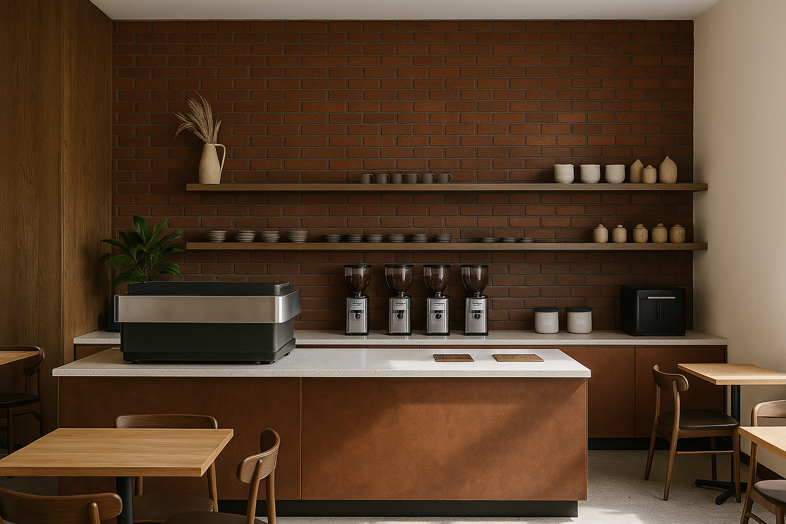 Coffee station with a espresso machine, 4 coffee grinders, and wooden shelves on a brick wall, with wooden tables and chairs in foreground.