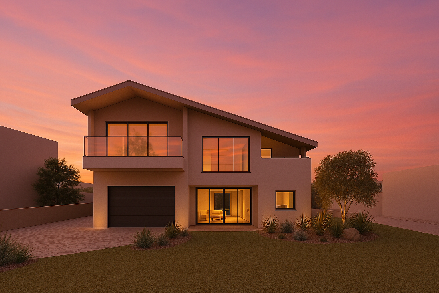 Evening visualization highlighting the glazing strategy. Large floor-to-ceiling windows create a lantern effect, blurring the line between indoor and outdoor living.