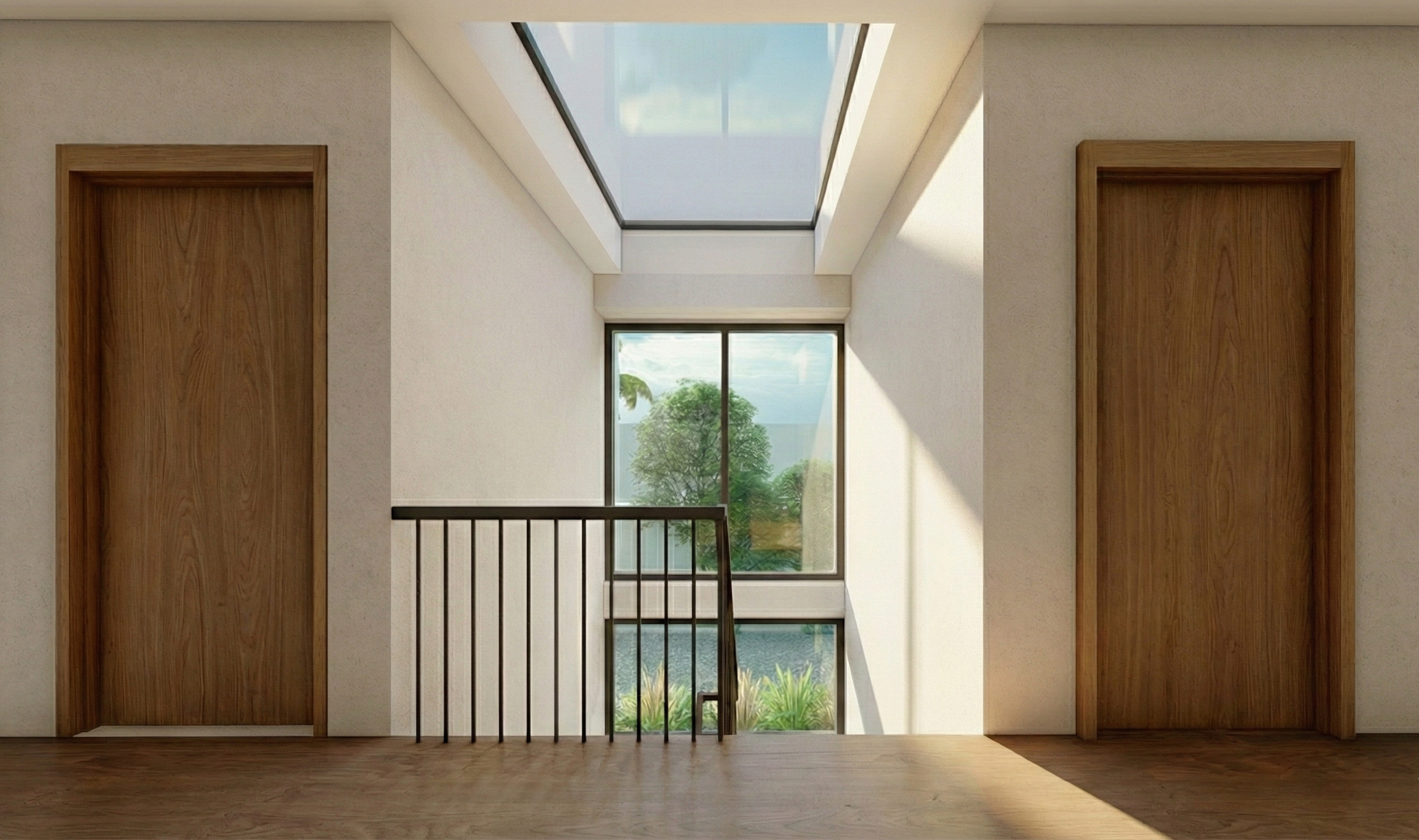 Transforming a circulation space into a design feature. We utilized a skylight well (or clerestory window) to wash the hallway wall with natural light. This technique reduces the "tunnel effect" common in hallways and highlights the vertical volume o