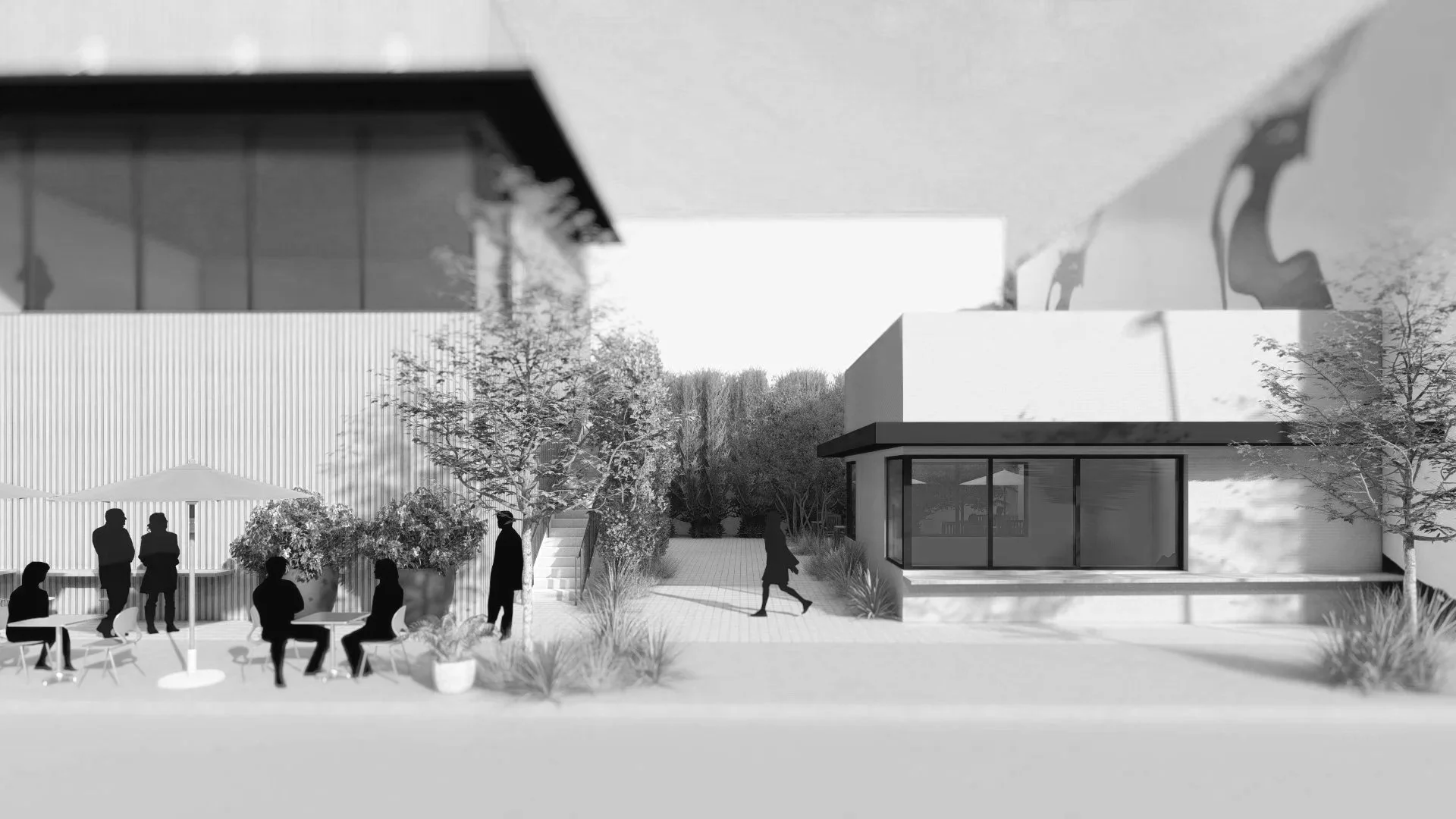 A black and white architectural illustration of a modern outdoor scene with a group of people sitting and standing around a table with an umbrella on the left, trees, and a contemporary building on the right, with large windows.