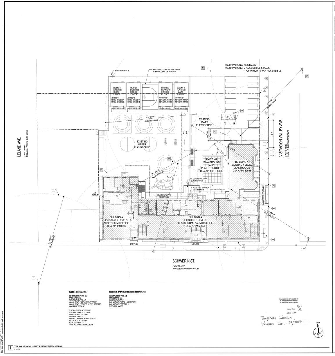 Architectural blueprint of a school playground and building layout, including parking, classrooms, and recreational areas.