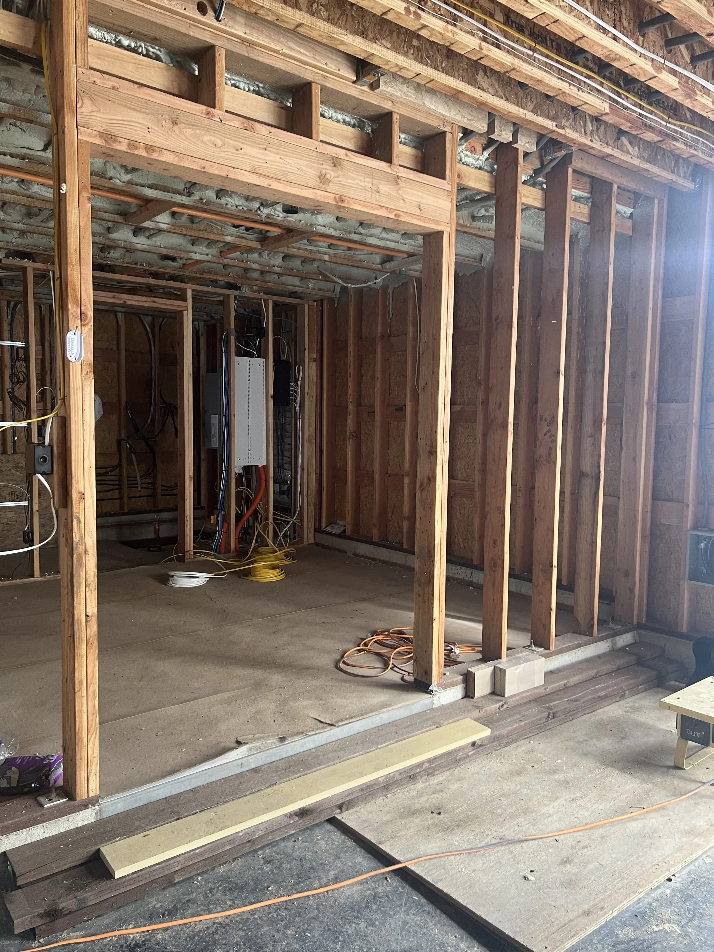 Structural wood framing and shear wall paneling.