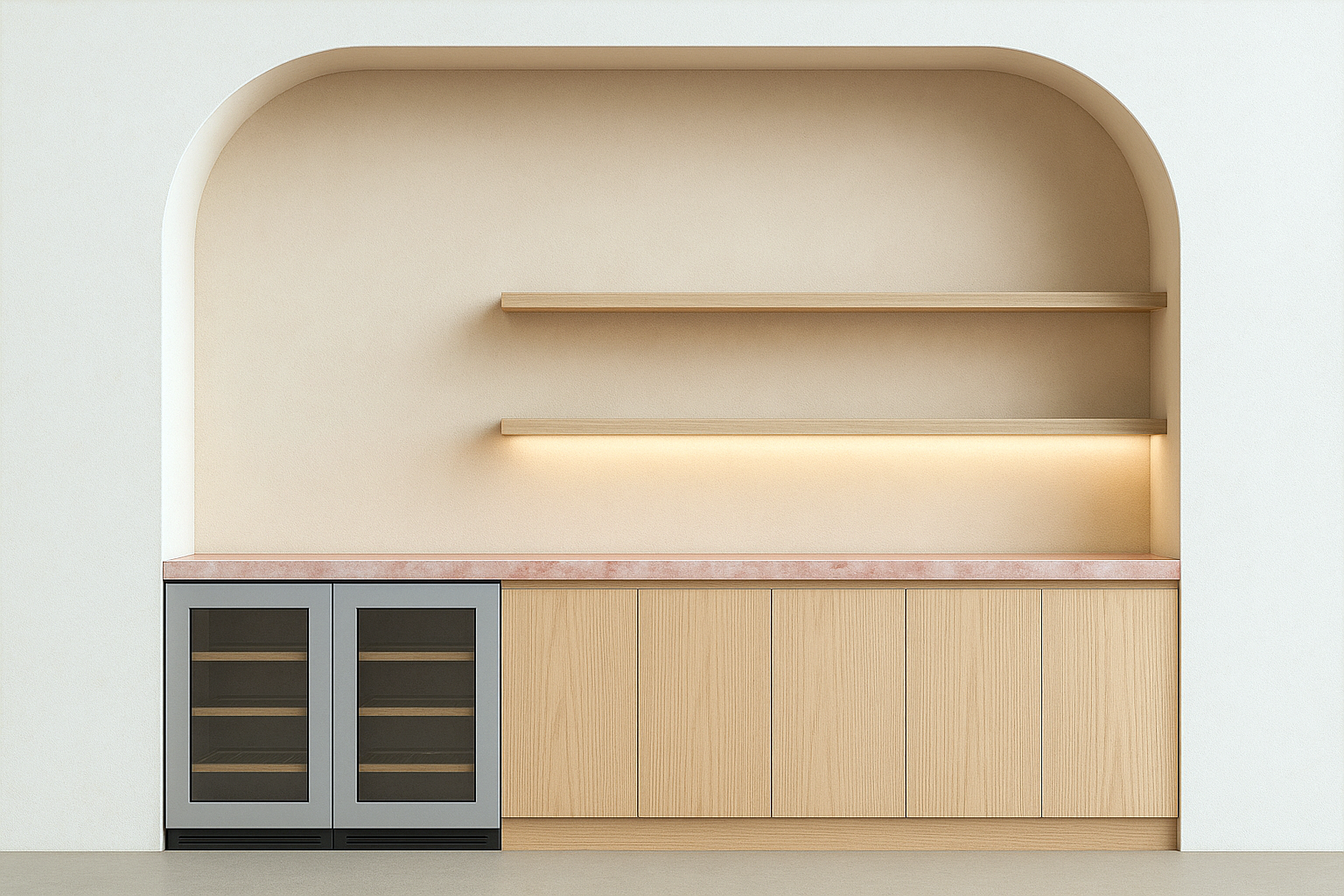 Minimalist built-in kitchen cabinet with a red marble countertop, two glass-front wine refrigerators on the left, light wood base cabinets, and open shelves on a beige wall with soft lighting.