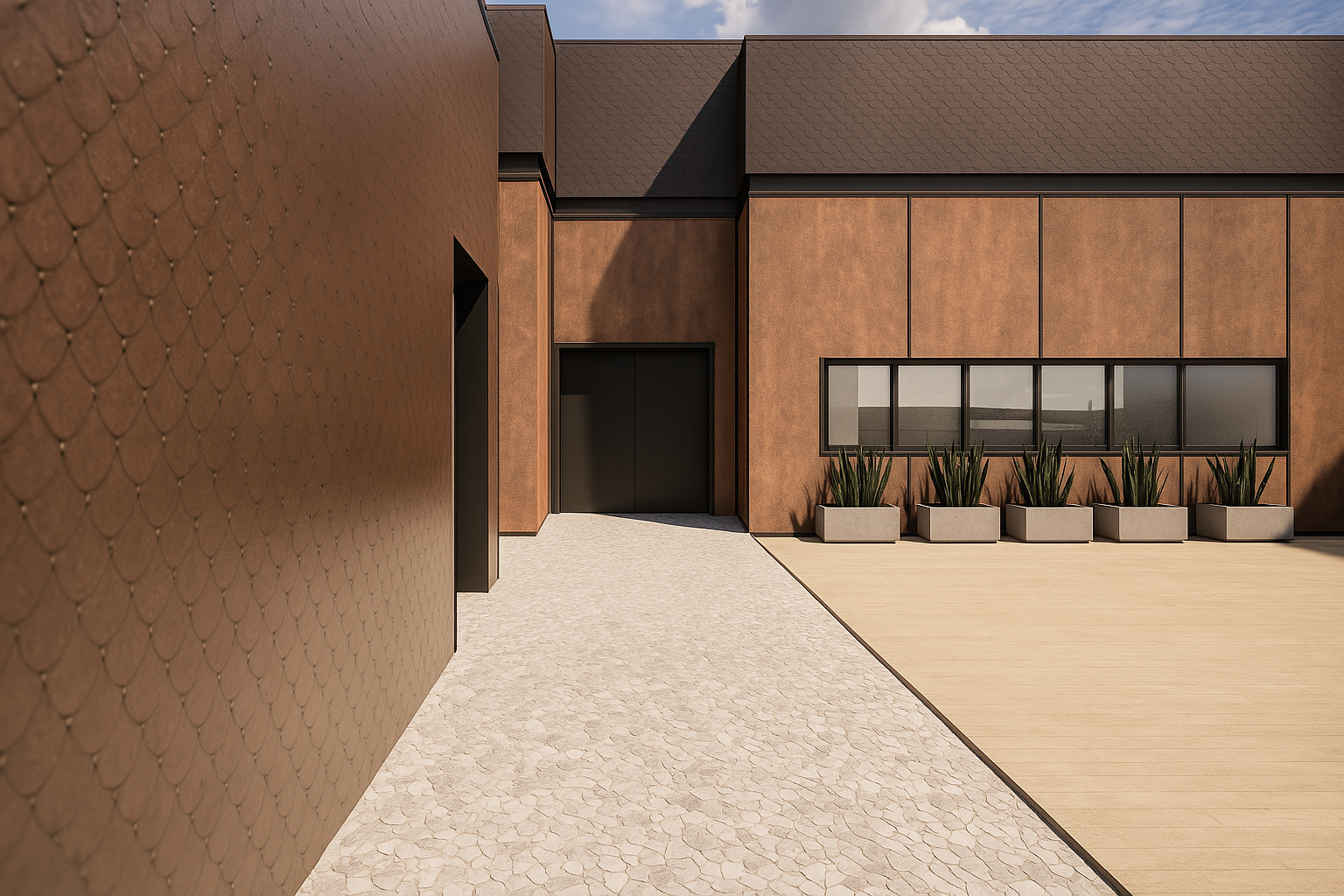 Tactile Materiality. We designed the exterior to respond to the harsh Ojai sun. The textured cladding panels create shifting shadow lines throughout the day, adding depth to the facade. Low-maintenance architectural planters with agave and succulents