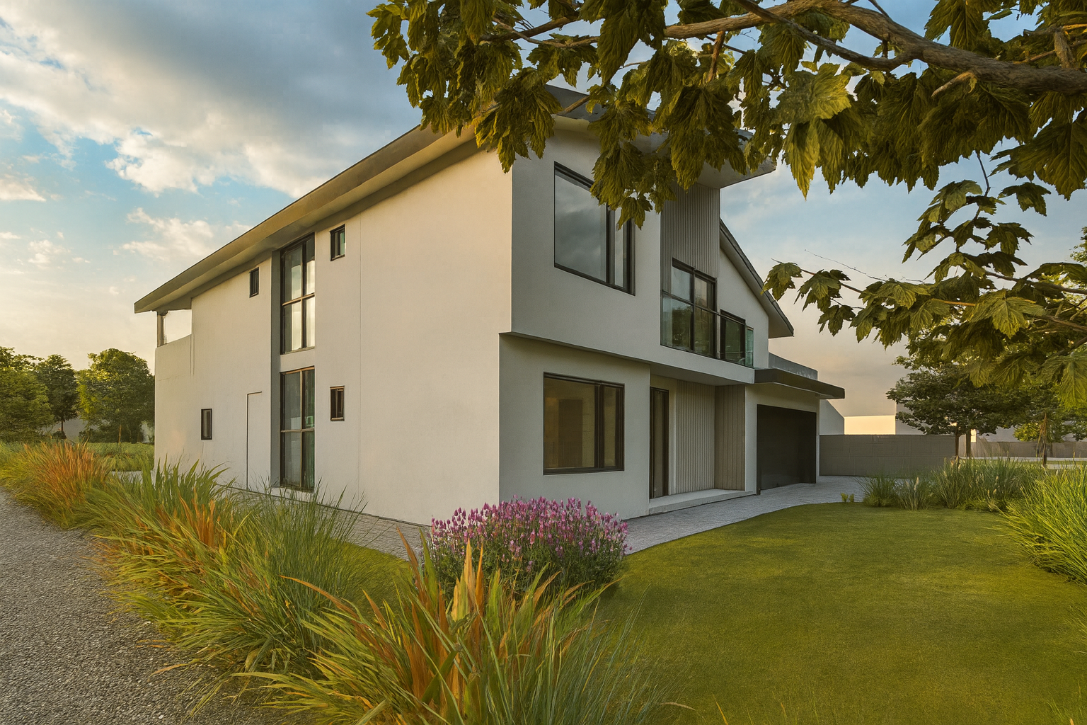 Modern two-story house with large windows, surrounded by landscaped garden and trees, under a partly cloudy sky.