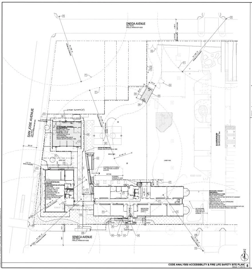 Architectural site plan showing building layout, driveways, and surrounding landscape at the intersection of San Jose Avenue, Seneca Avenue, and Oneida Avenue.