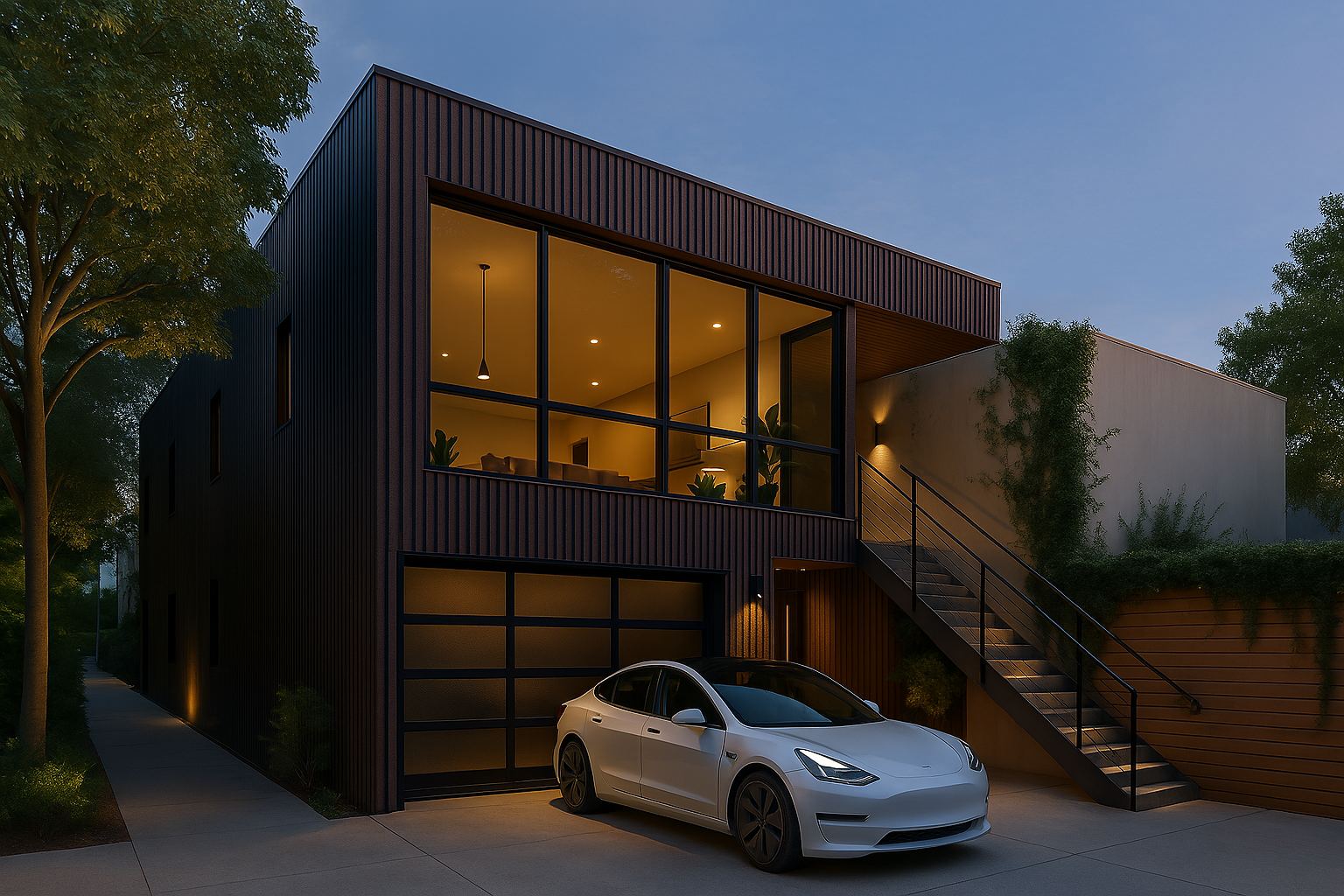 Modern Venice Beach new construction featuring vertical dark wood siding, floor-to-ceiling glazing, and architectural exterior lighting.