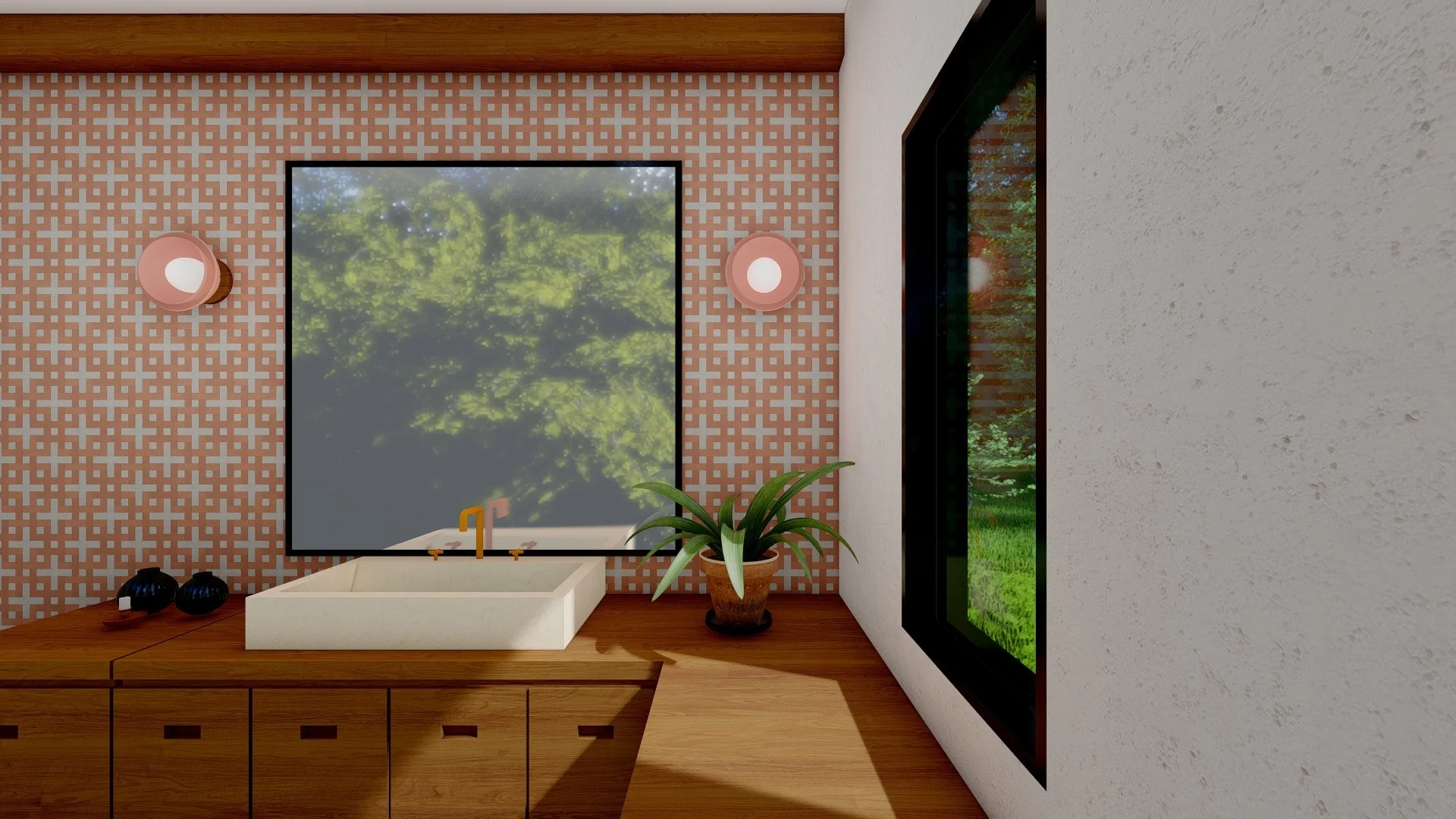 Biophilic Design. Note the placement of the vertical picture window. It is positioned to frame the greenery outside, turning the landscape into "living art" while maintaining privacy at the vanity.