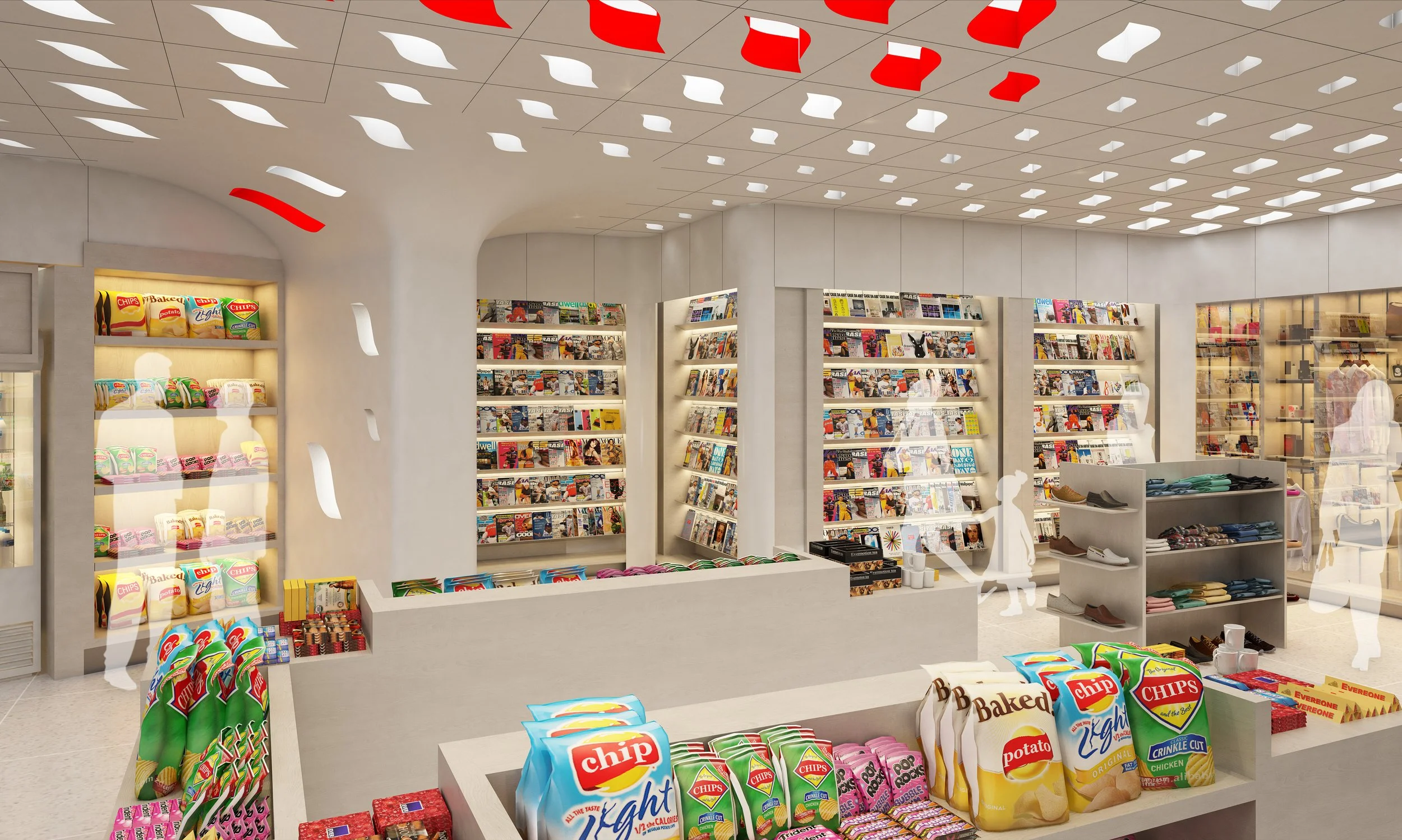Modern convenience store design featuring integrated custom millwork and rhythmic ceiling baffles to guide passenger flow.