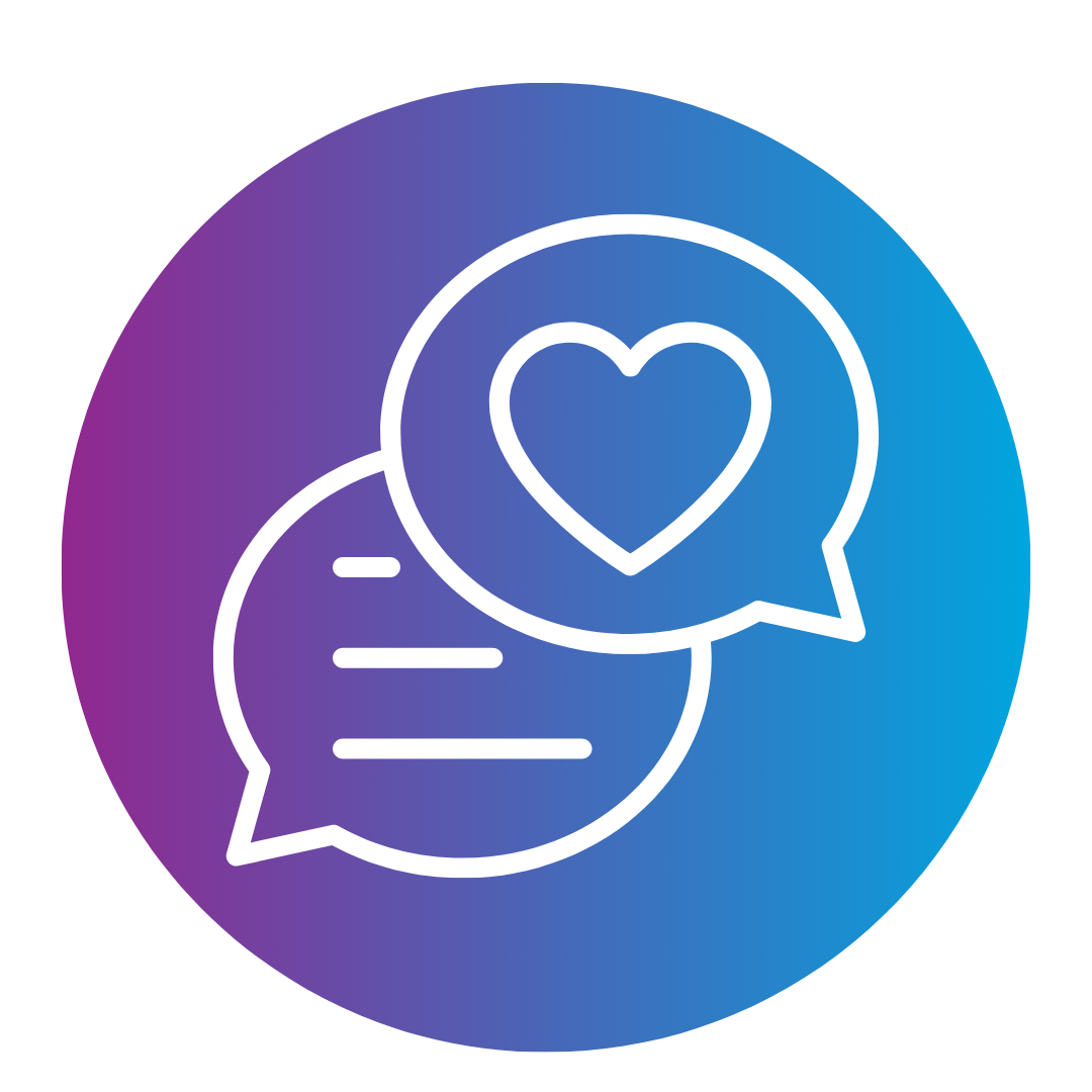 white icon of two talking bubbles over a purple and blue background