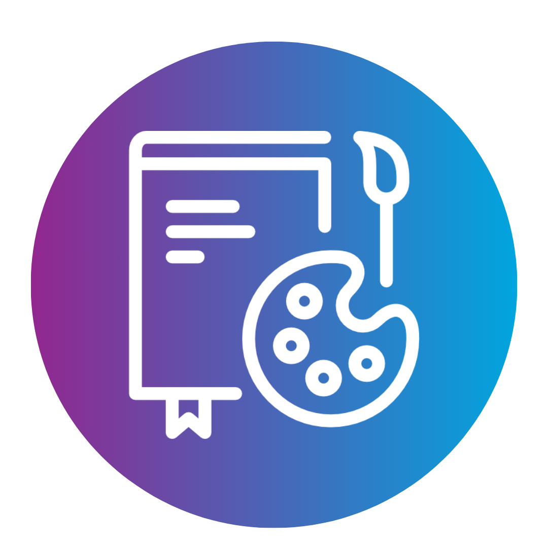 White icon of book, palette and paintbrush on purple and blue background