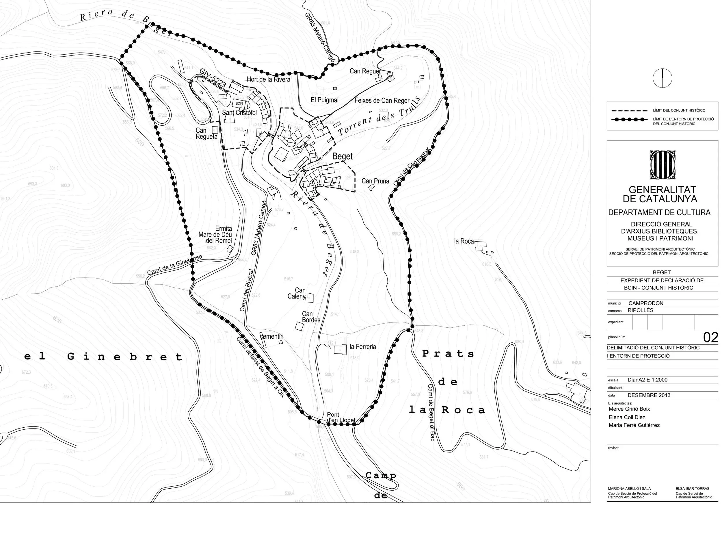Mapa topográfico y de protección del conjunto histórico de Beget en la región de Ripollés, Cataluña, con límites marcados y detalles de caminos, ríos, edificaciones y puntos de interés.