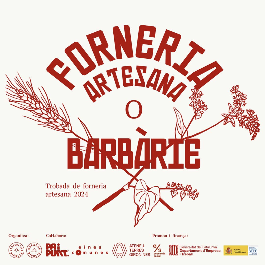 Cartel de evento artesanal y de fornería con imágenes de plantas y cereales en color rojo.
