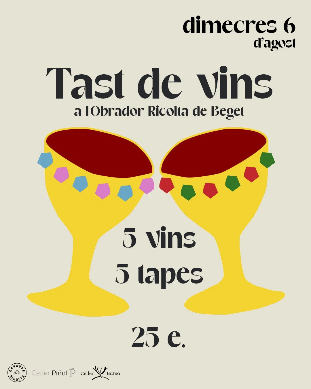 Cartel de evento de cata de vinos y tapas con dos copas de vino decoradas con piedras de colores y texto en español.