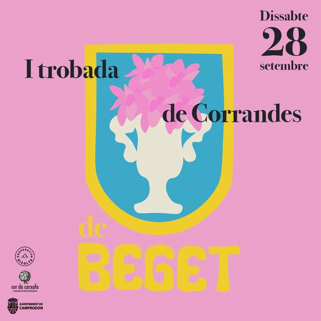 Cartel con fondo rosa y un escudo en el centro, que tiene un florero con flores rosadas. Texto en español que dice: 'I trobada de Corrandes de BEGET', con la fecha 28 de septiembre, miércoles. Incluye logos en la esquina inferior izquierda.