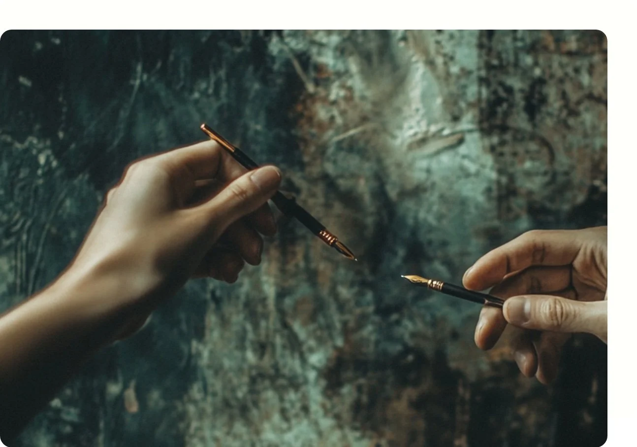 Deux mains tenant des stylos plumes se rejoignent pour créer et écrire ensemble.