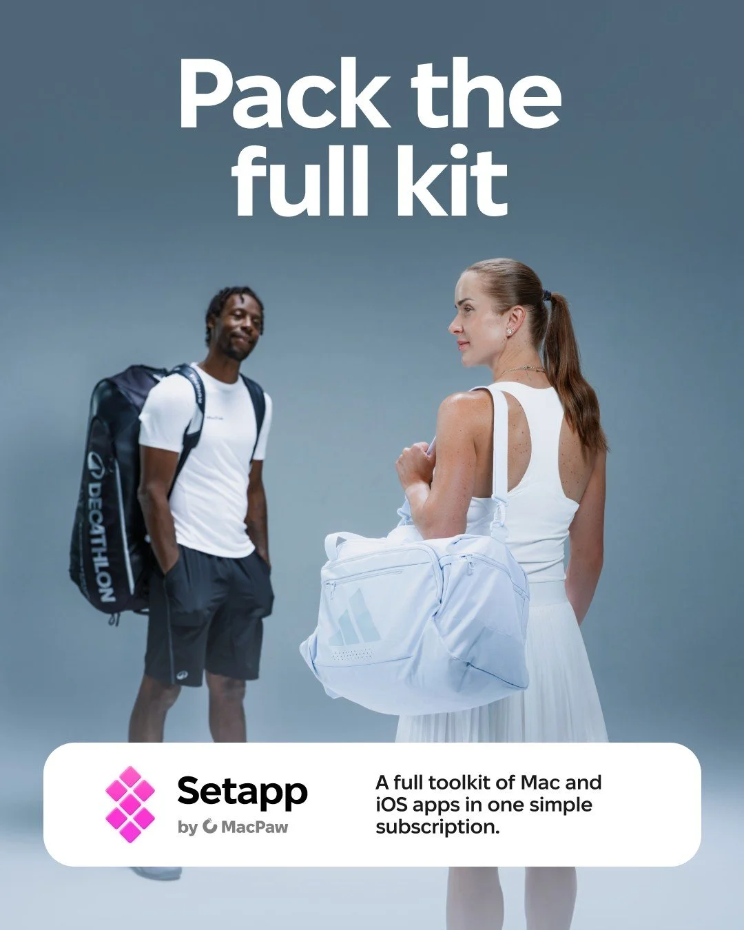 MacPaw “We perform best together” campaign key visual with Gaël Monfils and Elina Svitolina
