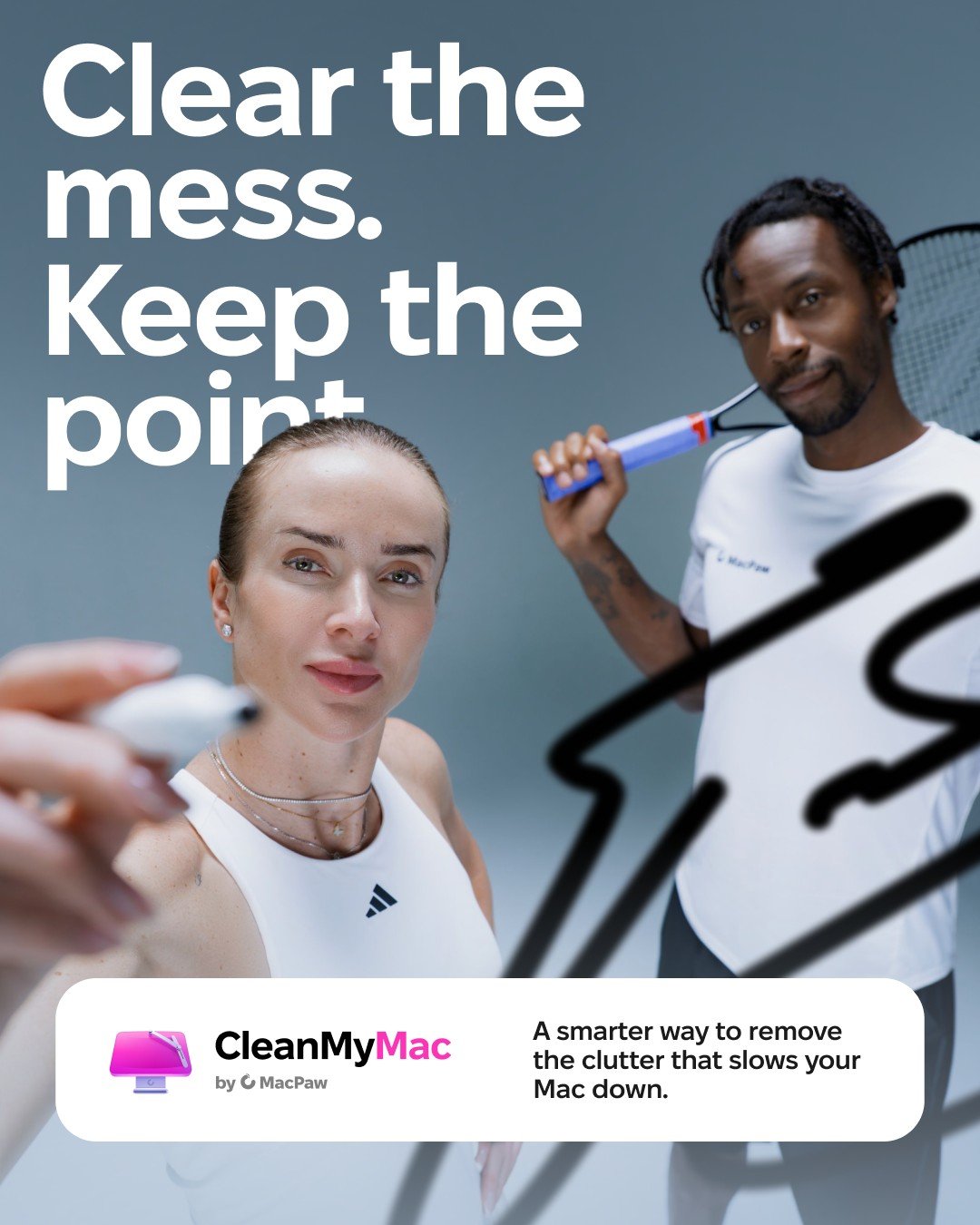 CleanMyMac by MacPaw key visual with Gaël Monfils and Elina Svitolina