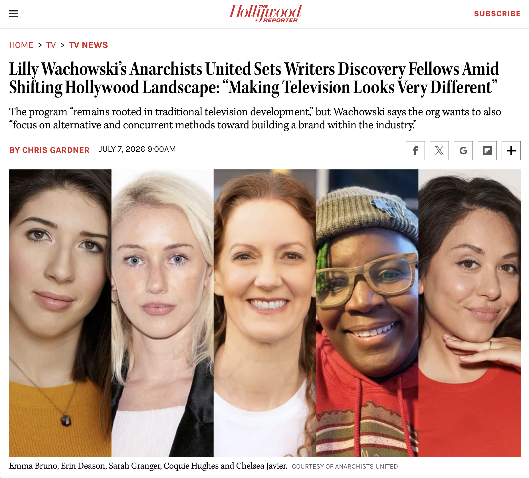 News article: "Lilly Wachowski’s Anarchists United Sets Writers Discovery Fellows Amid Shifting Hollywood Landscape: 'Making Television Looks Very Different'" The Hollywood Reporter