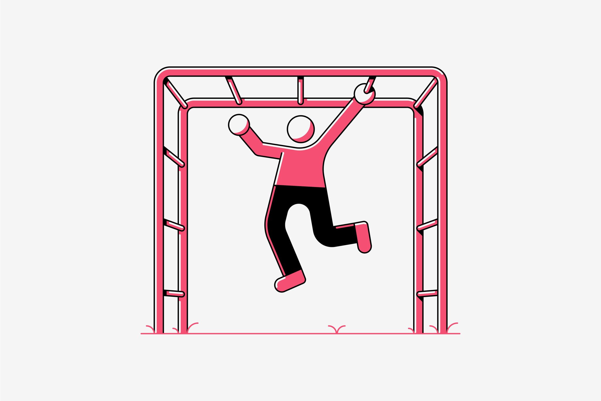 A cartoon figure jumping and celebrating inside a pink playground climbing structure with a white background.