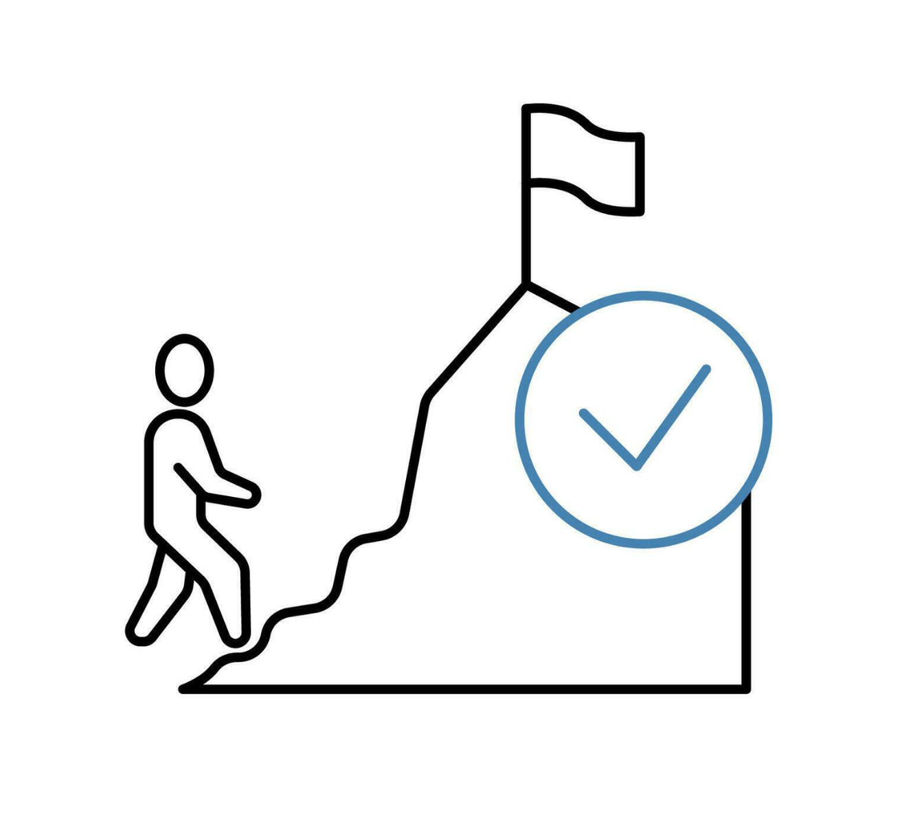 Line drawing of a person climbing a staircase with a flag at the top and a checkmark in a blue circle.