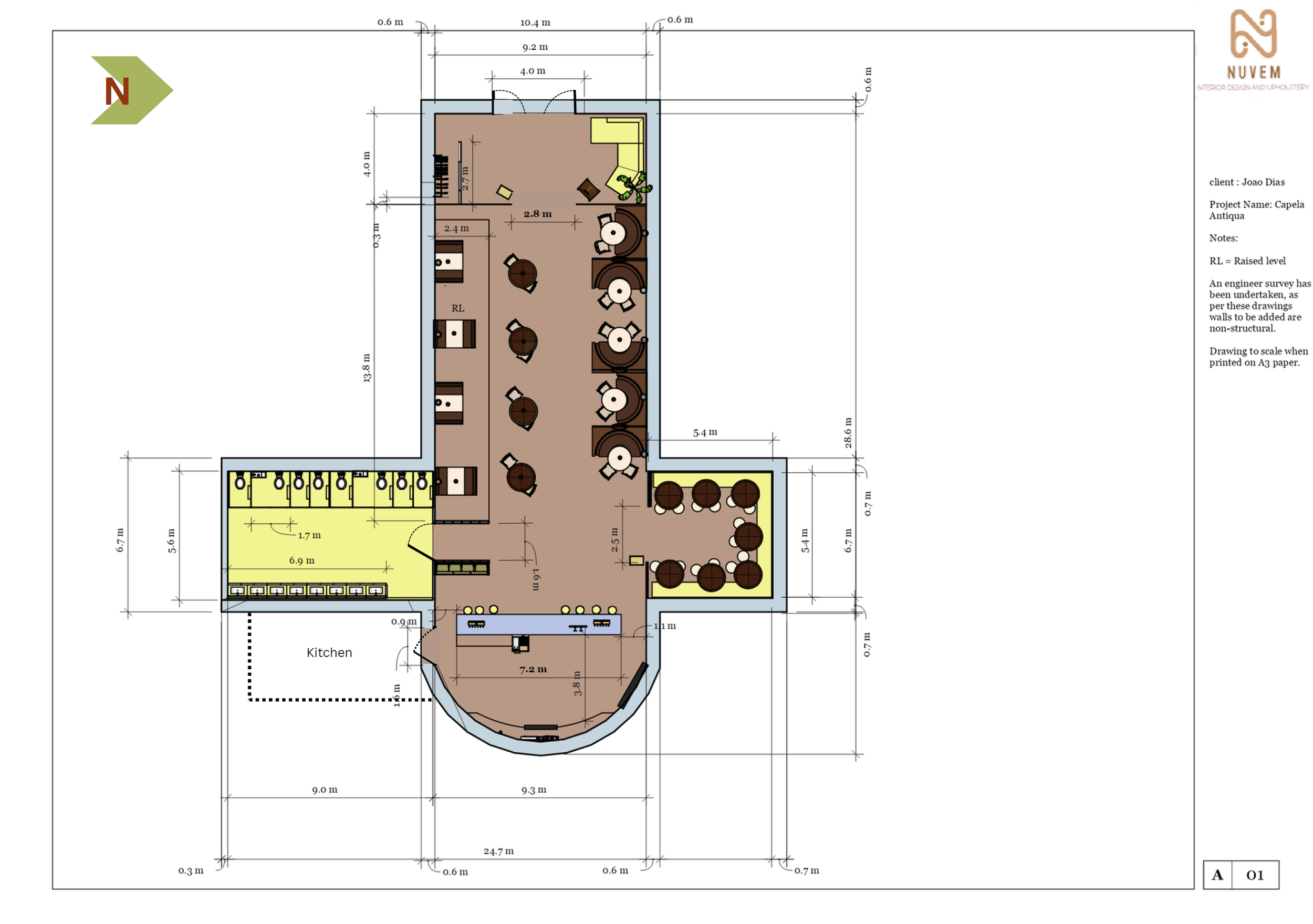 Top-down view of a modern apartment living room, dining area, and balcony with outdoor furniture.
