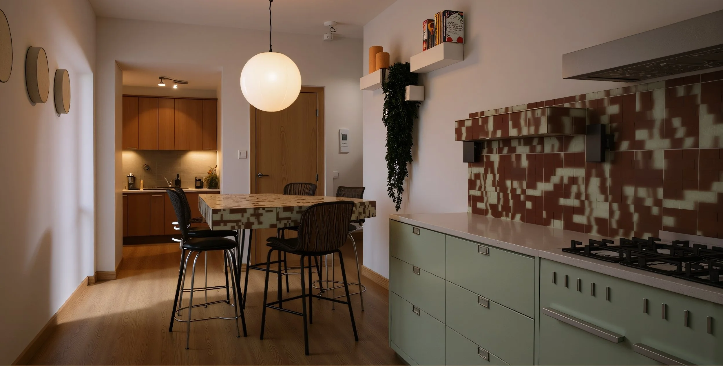 A modern kitchen and dining area with wooden walls and furniture, a round dining table with black chairs, decorative items on the table, windows with blinds, indoor plants, a floor lamp, a hanging ceiling light, and artwork on the wall.