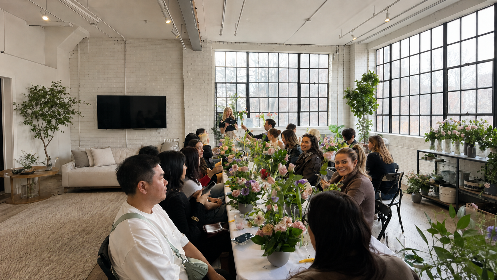 Corporate flower workshop in Toronto by Derêves Studio with seasonal blooms, guided floral design and branded details for a team-building event.