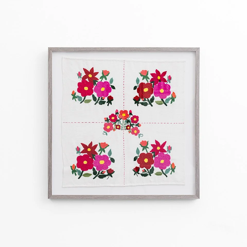 'Flora', original embroidery artwork custom framed in a washed grey frame. 30" x 30".