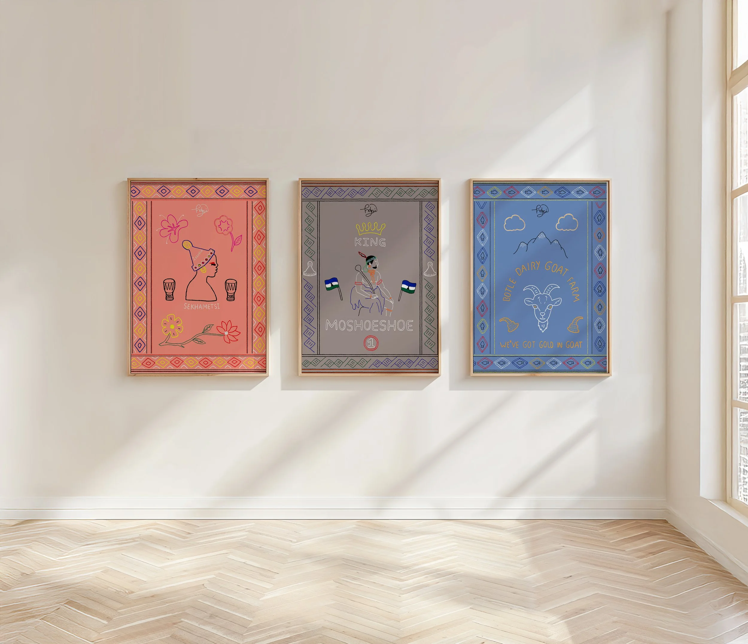 Collection of colorful fine art prints by Lesotho artist, William Marapamele in a gallery setting. 