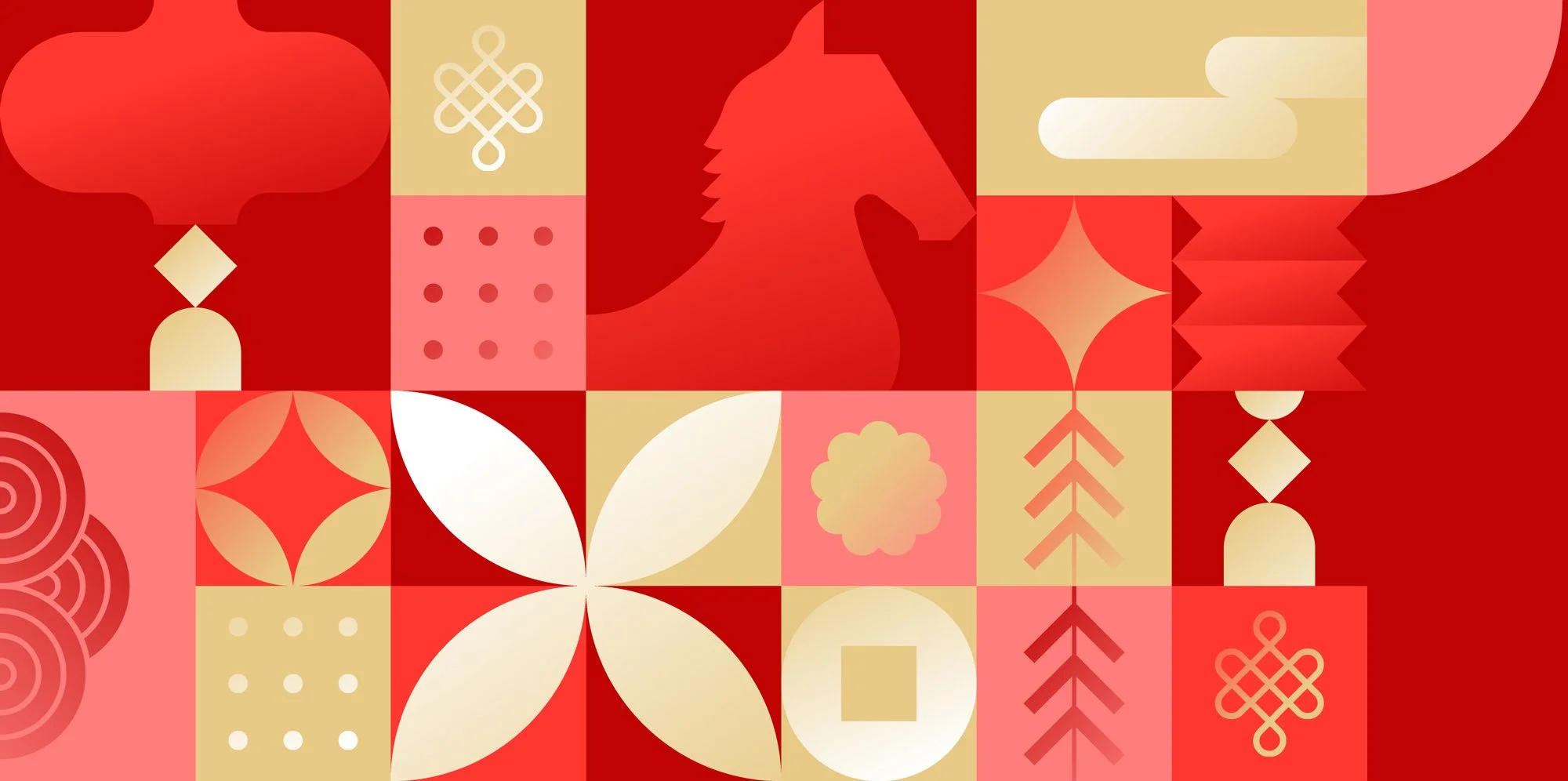 Geometric patterns and designs with a horse representing The Year of the Fire Horse in Chinese Astrology.