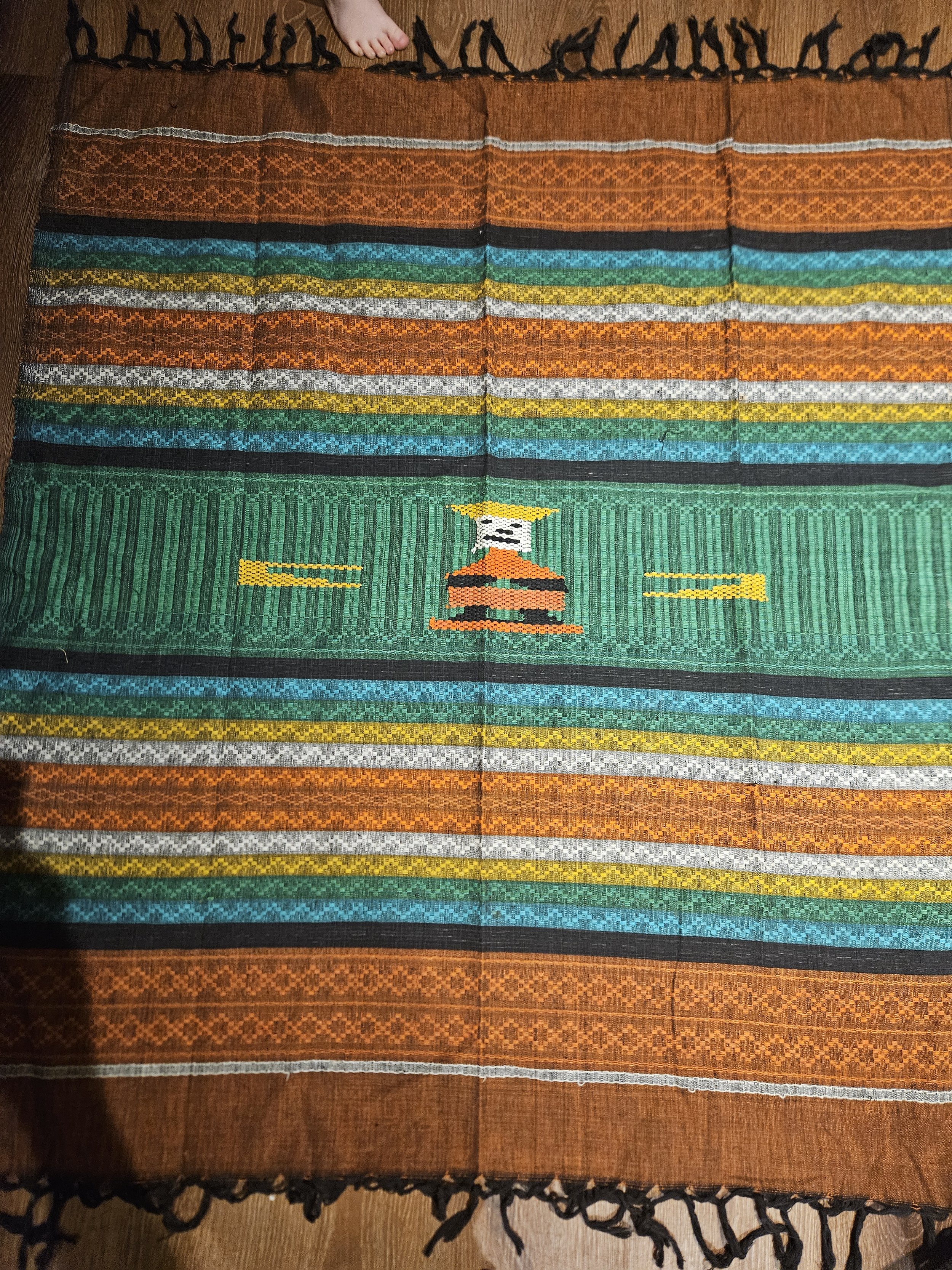 Vtg Mexican Woven Tablecloth Orange Blue Fabric Aztec Design Fringe 50" X 100"