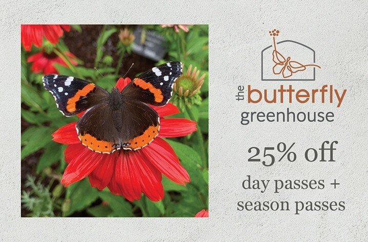 It's a great time to visit the Butterfly Greenhouse. As part of the 7/25 sale day passes and season passes are 25% off.