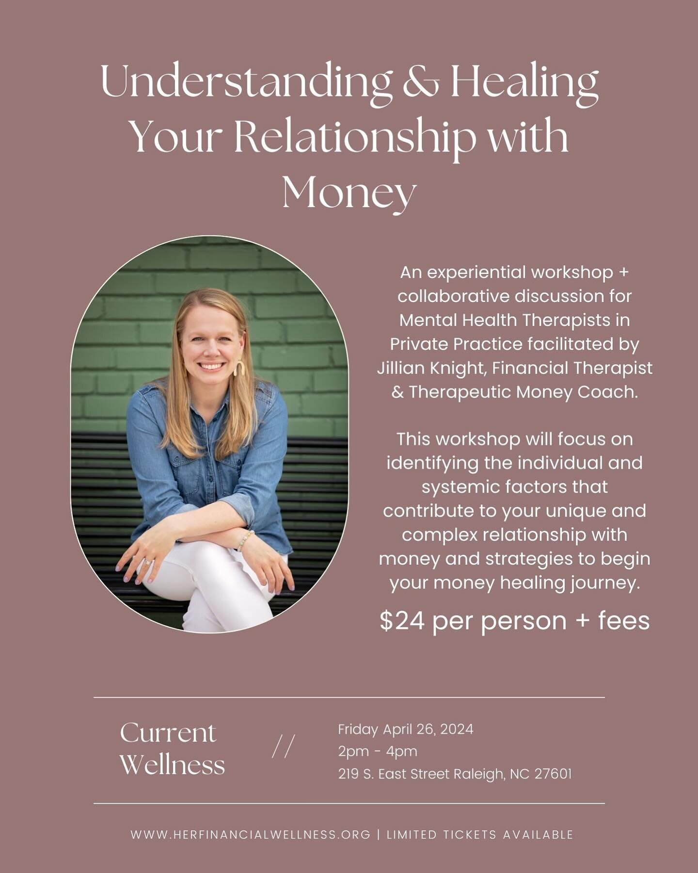 🎉 Workshop Details Now Available 🎉

I will be hosting an in-person workshop for Mental Health Therapists in Private Practice at @current_wellness on Friday April 26th from 2pm-4pm focused on Understanding and Healing Your Relationship with Money 💰