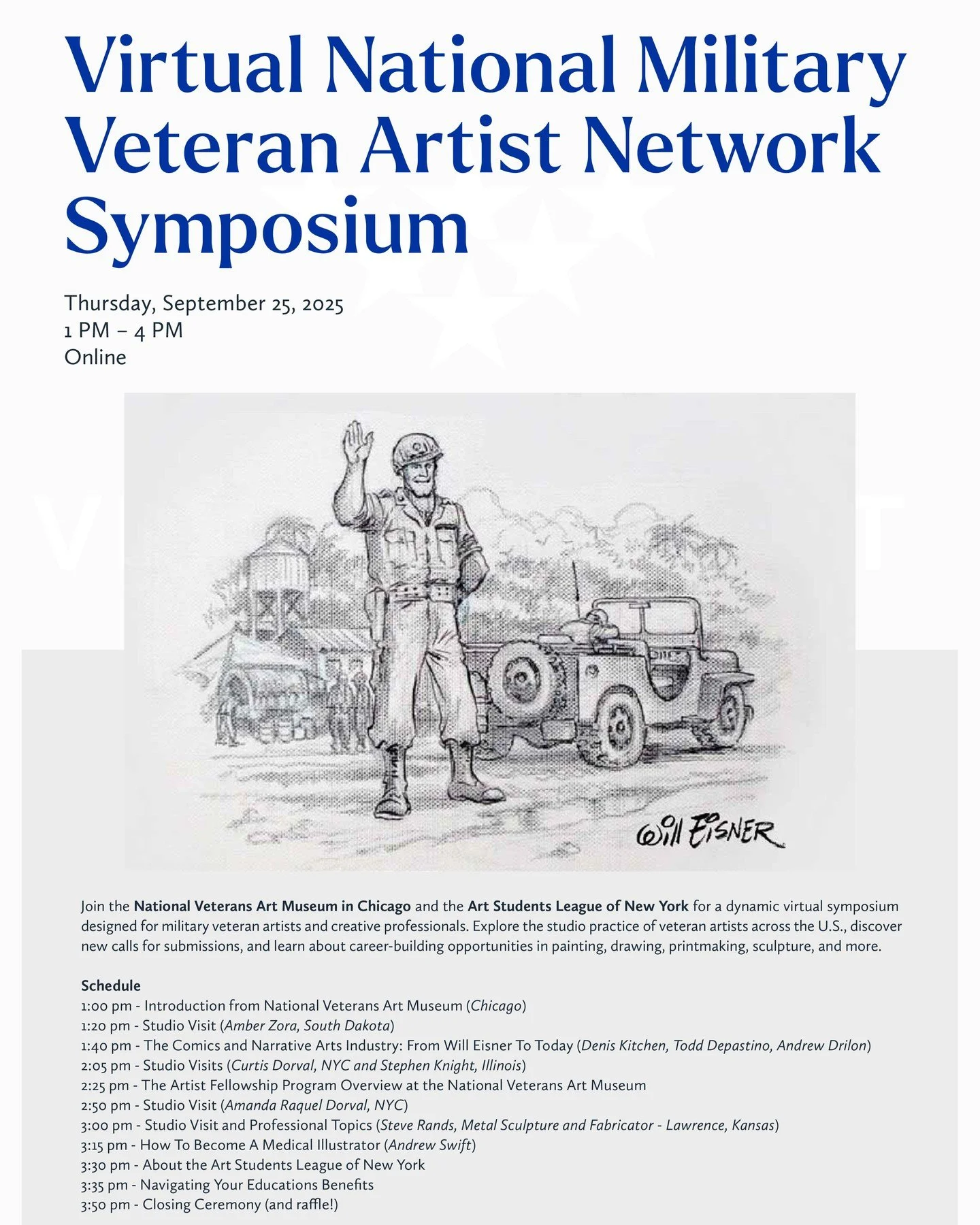 Join the National Veterans Art Museum and the Art Students League of New York ( @aslnyc ) for a dynamic virtual symposium designed for military veteran artists and creative professionals.

Explore the studio practice of veteran artists across the U.S