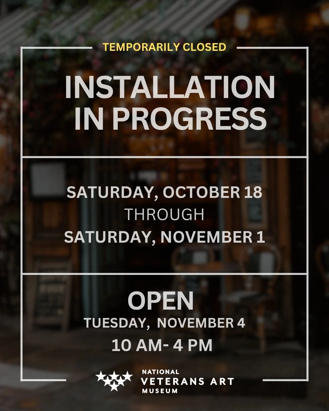 New exhibitions are on the way!

We'll be temporarily closed for installation from Saturday, October 18th through Saturday, November 1st and will reopen on Tuesday, November 4th for our regular hours: 10 am to 4 pm, Tuesday - Saturday.

Be sure to jo