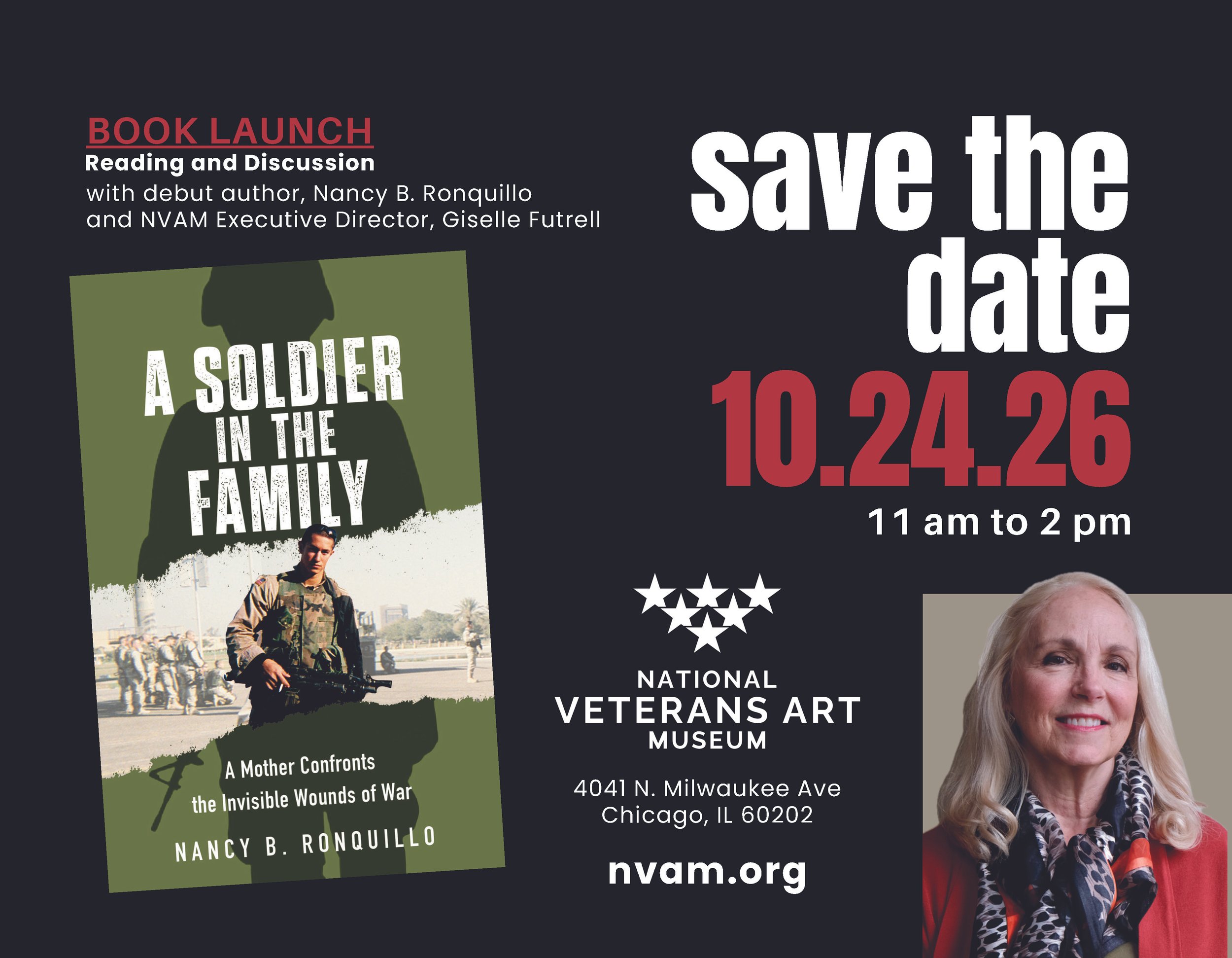 Postcard with information about a book launch featuring author and book cover.