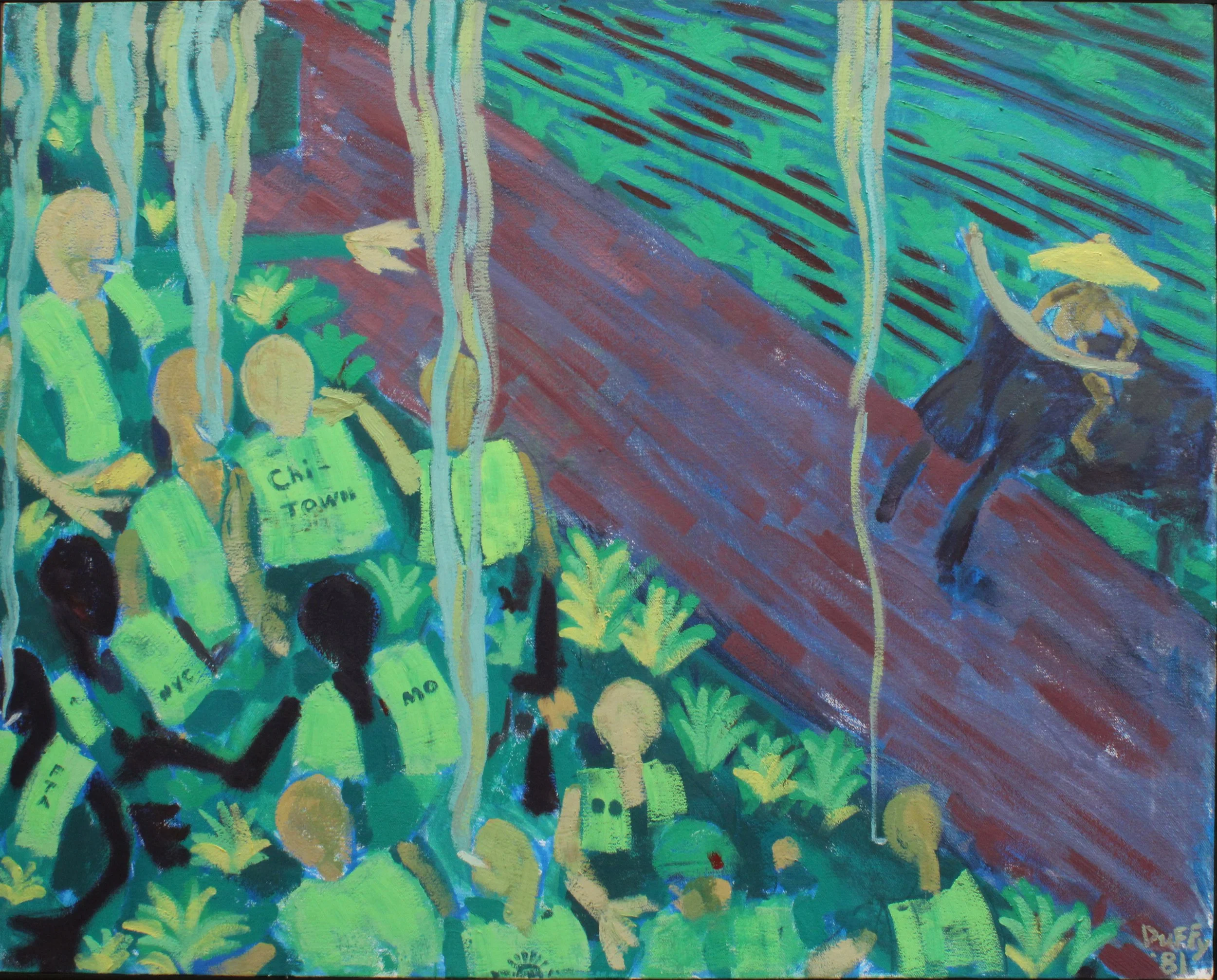 58,307 stainless steel dog tags suspend from a 10 foot by 40 foot space in the ceiling of the third floor of the Harold Washington Library Center. Underneath are escalators. The space has white walls, and tall windows.