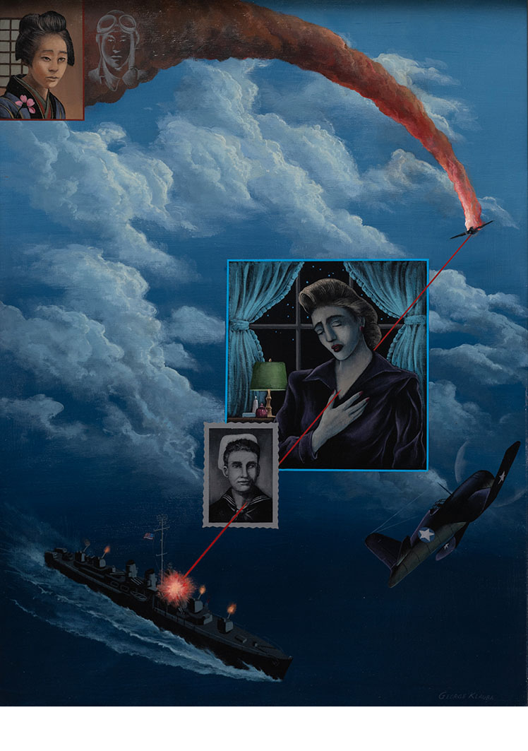 A mural depicting a wartime scene with a ship, an airplane, and portraits of women, with a background of clouds and smoke, and a shooting star.