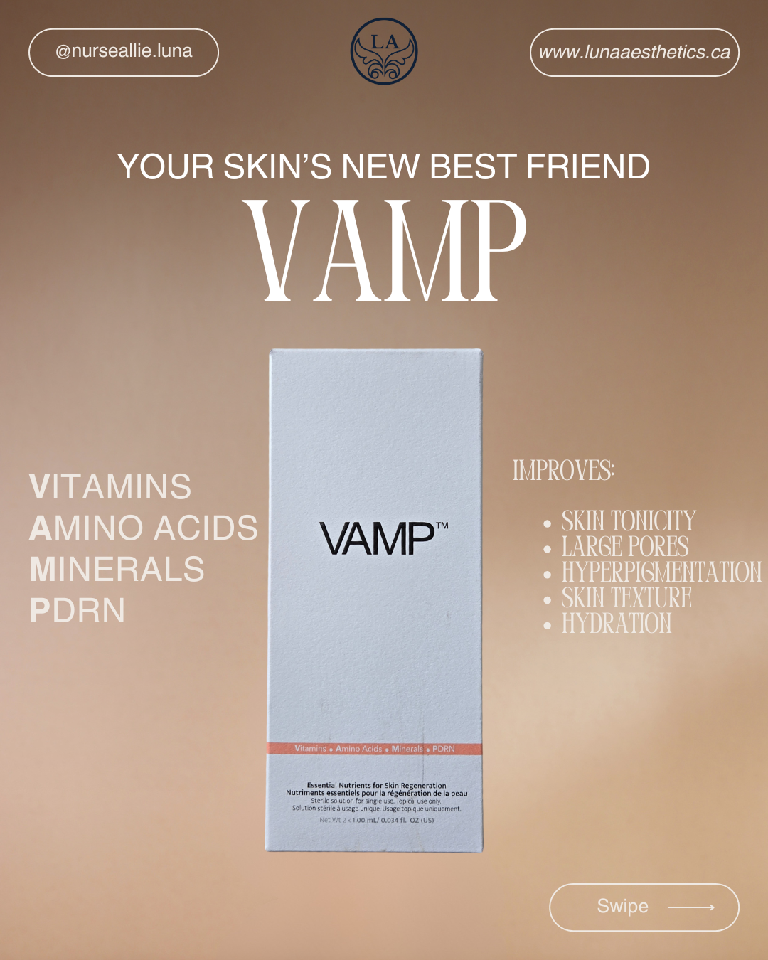 Skincare product advertisement for 'VAMP' highlighting benefits such as improved skin tonicity, reduced large pores, minimized hyperpigmentation, enhanced skin texture, and increased hydration. Contains vitamins, amino acids, minerals, and PDRN. Includes social media and website references.