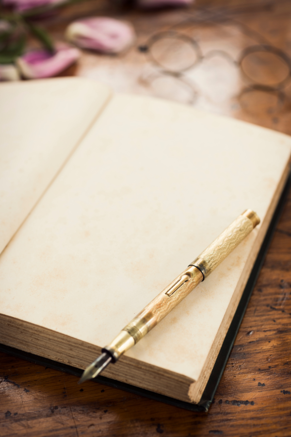 Open notebook with blank pages and a gold fountain pen resting on top, placed on a wooden table in warm, soft light.
