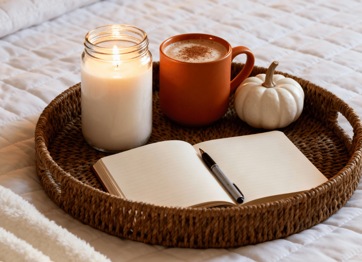 a mug of hot drink, small white pumpkin, and an open notebook with pen on a white quilt