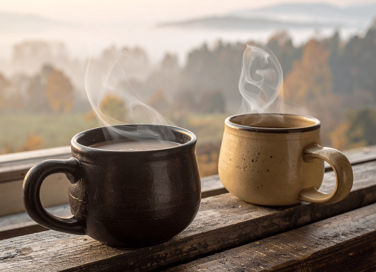 Two ceramic mugs on a wooden railing with steam rising, overlooking a misty valley
