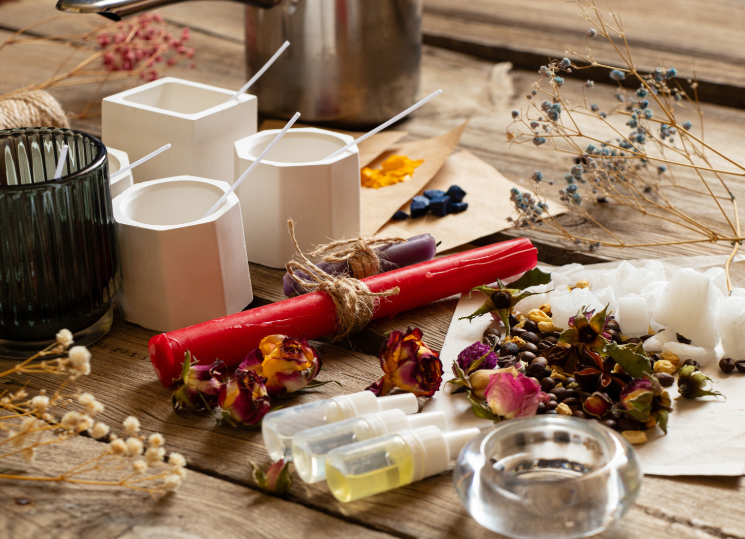 Candles and wax blocks, a red candle, dried flowers and herbs, small jars, and twine on a wooden surface with a metal container in the background