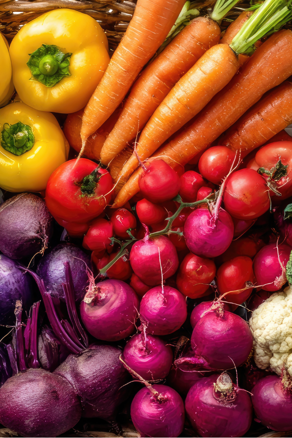 A vibrant assortment of fresh vegetables including orange carrots, yellow bell peppers, red tomatoes, pink radishes, purple beets, and a head of cauliflower arranged closely together.